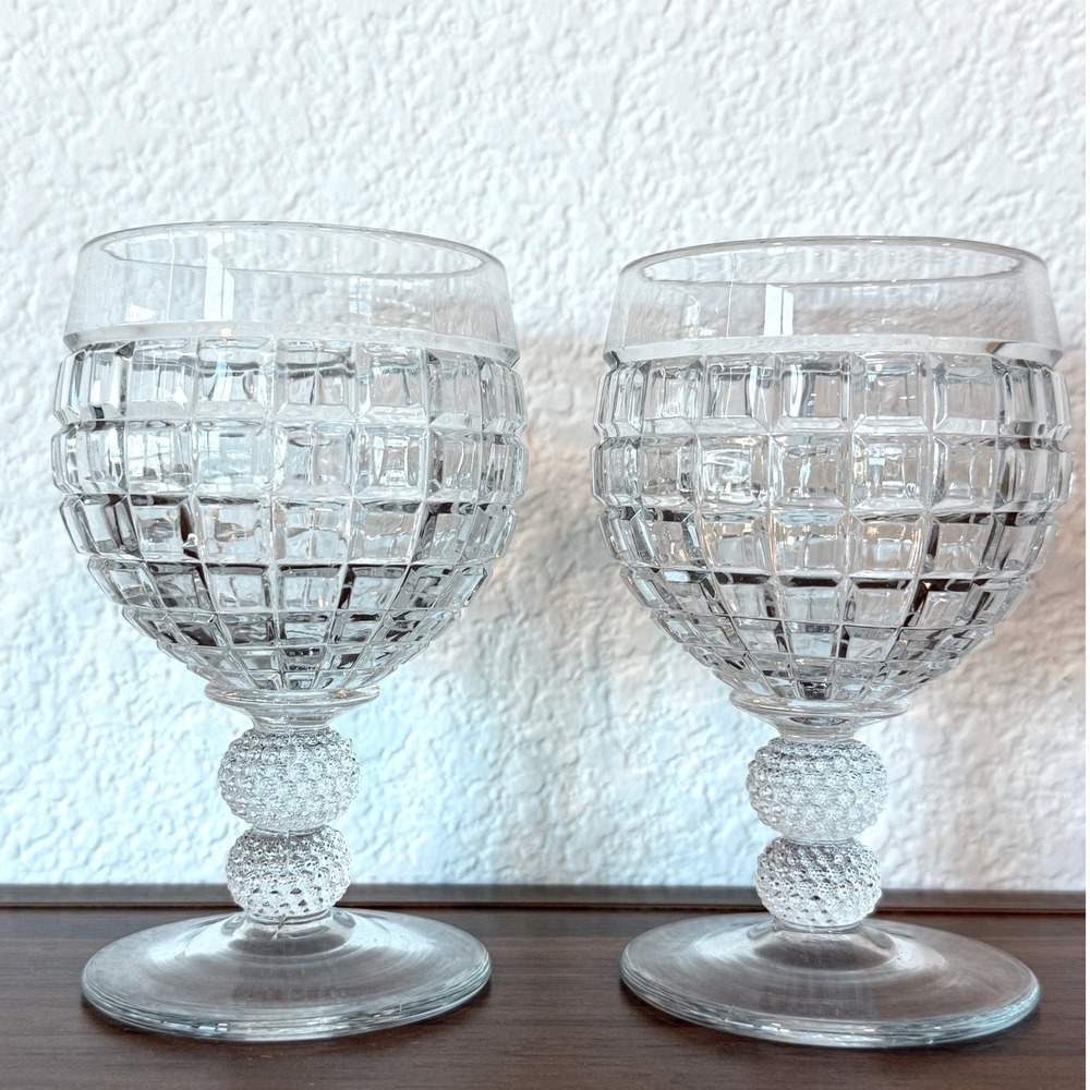 Heisey‎ Victorian 5" Clear Water Goblet Two Ball Footed Cut Glass Set of TWO
